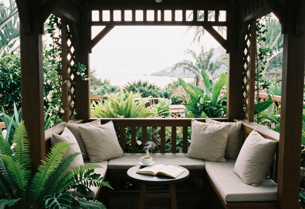 Cozy wooden garden gazebo interior view