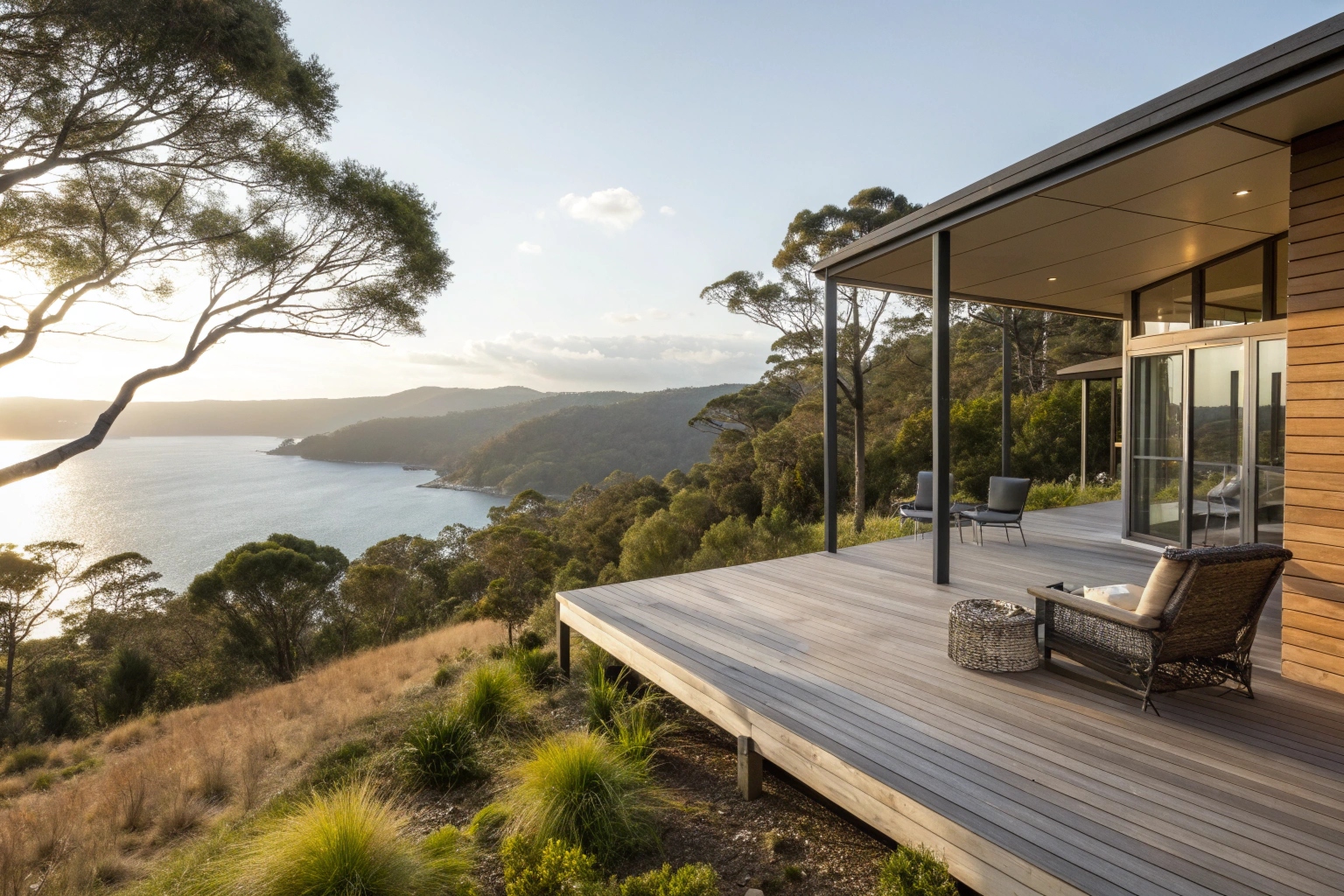 elevated timber deck on a hillside property overlooking coastal water views on the NSW Central Coast, afternoon sunlight