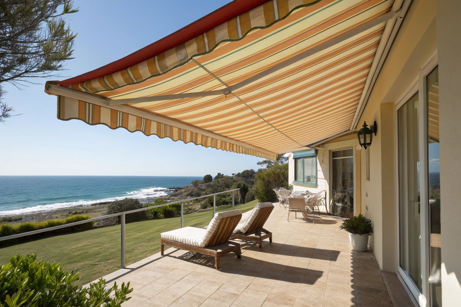 Australian coastal home exterior showing striped fabric awning providing shade over outdoor lounge area, ocean glimpse in background