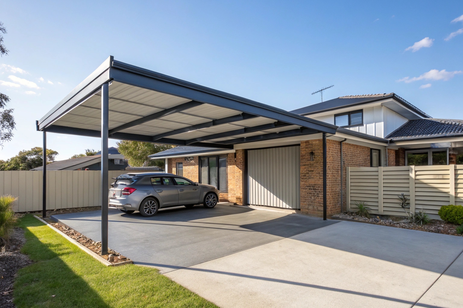 Carport extension with steel frame and Colorbond roofing, view showing connection to existing house, Australian residential property