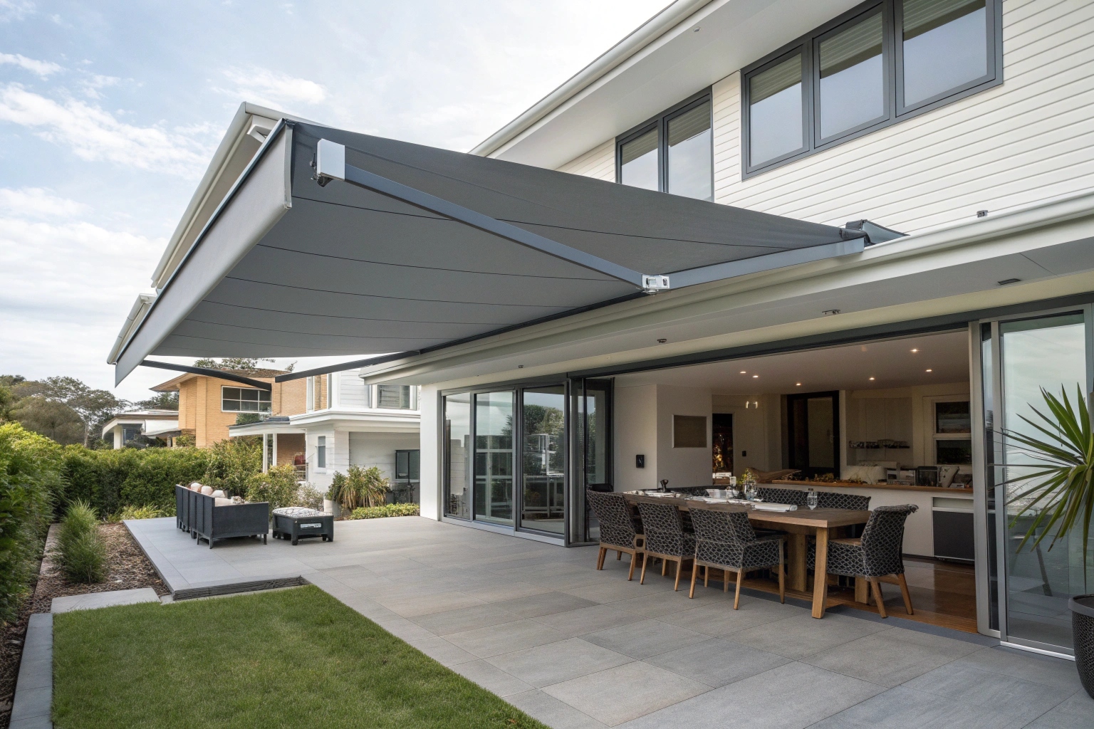 Australian home with large grey folding arm awning extended over patio entertaining area, BBQ and outdoor dining setting visible