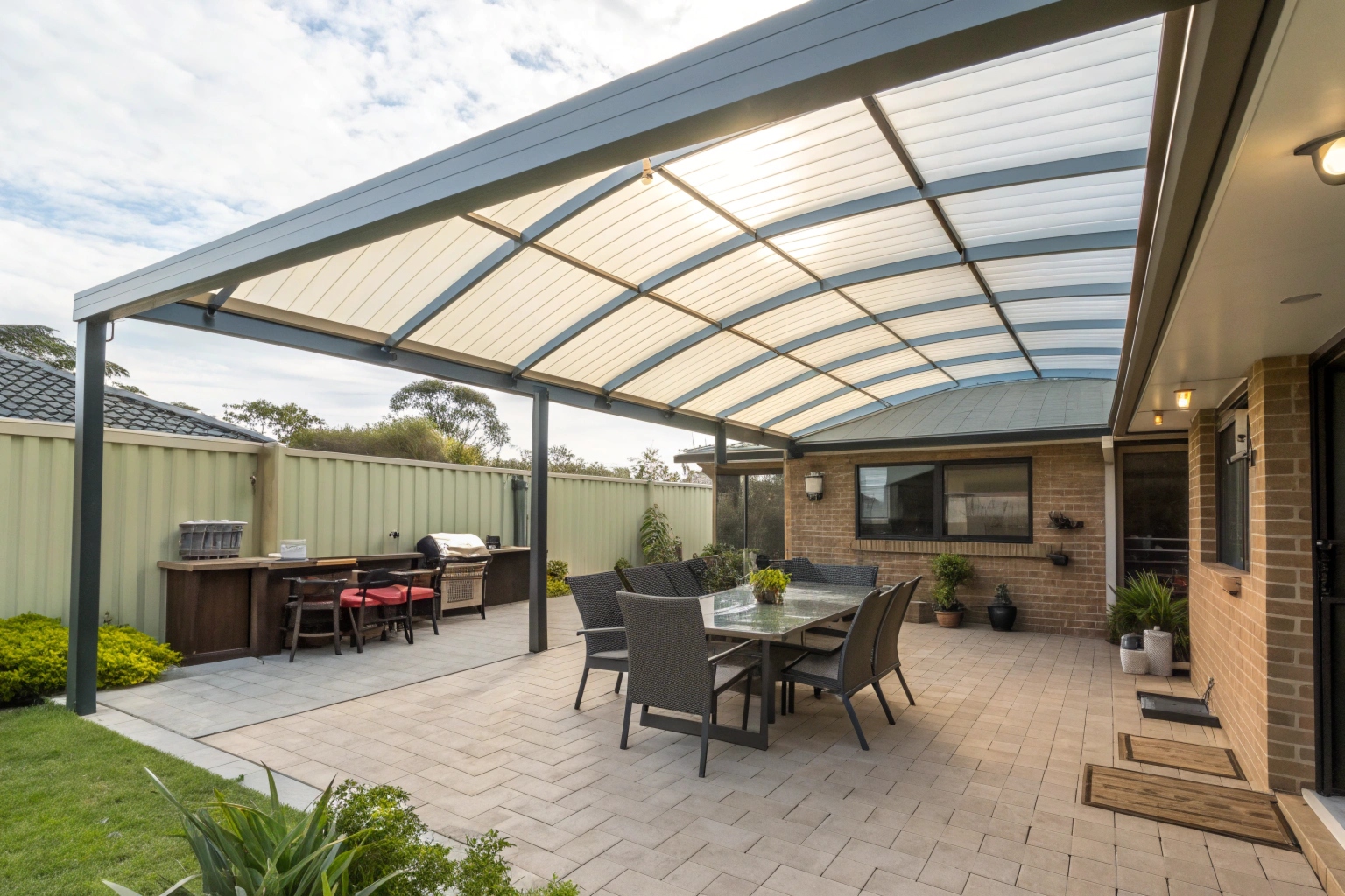 Outdoor entertaining area with polycarbonate roof panels Central Coast installation