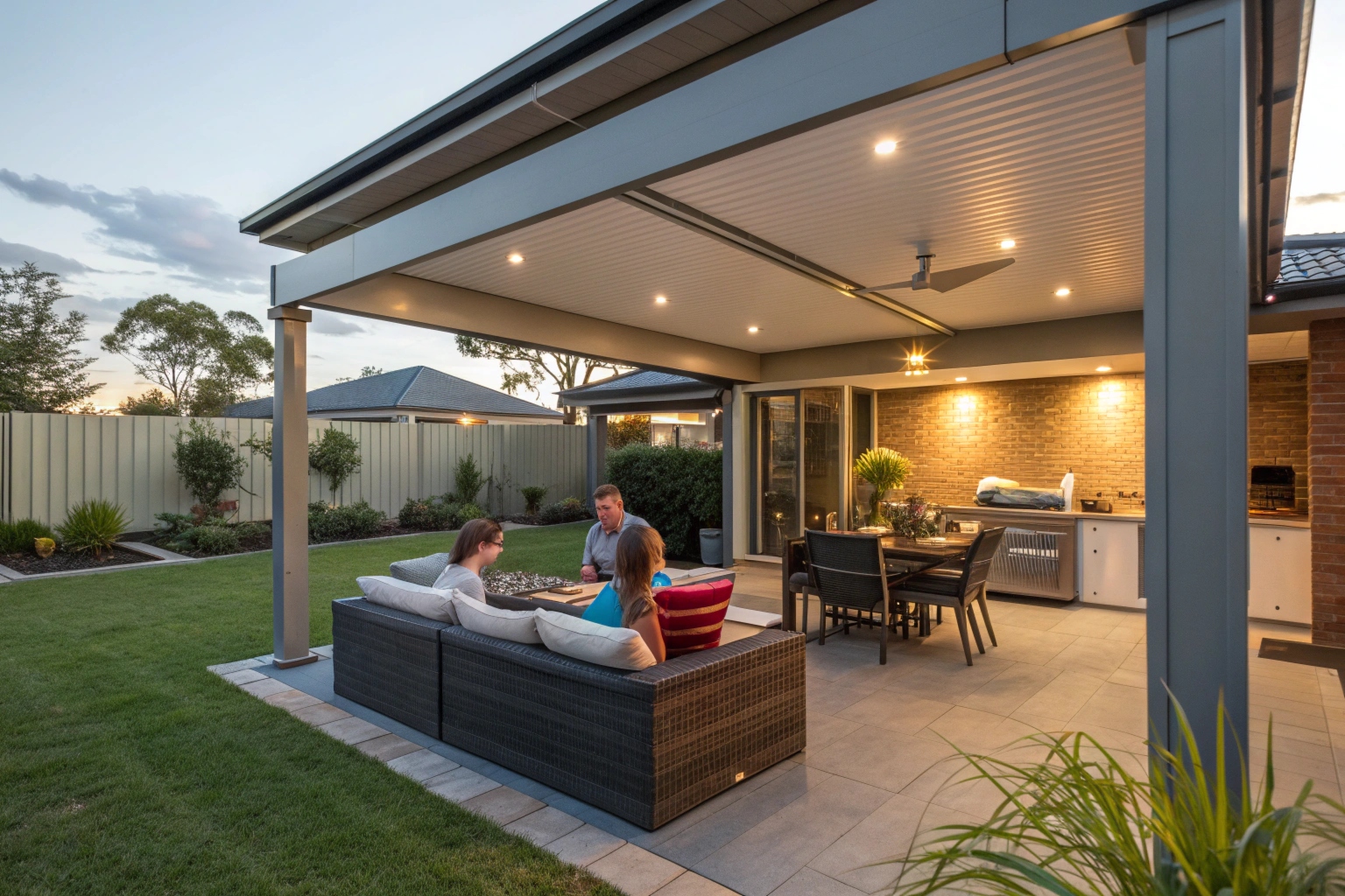 Family entertaining under custom-built patio on Central Coast property