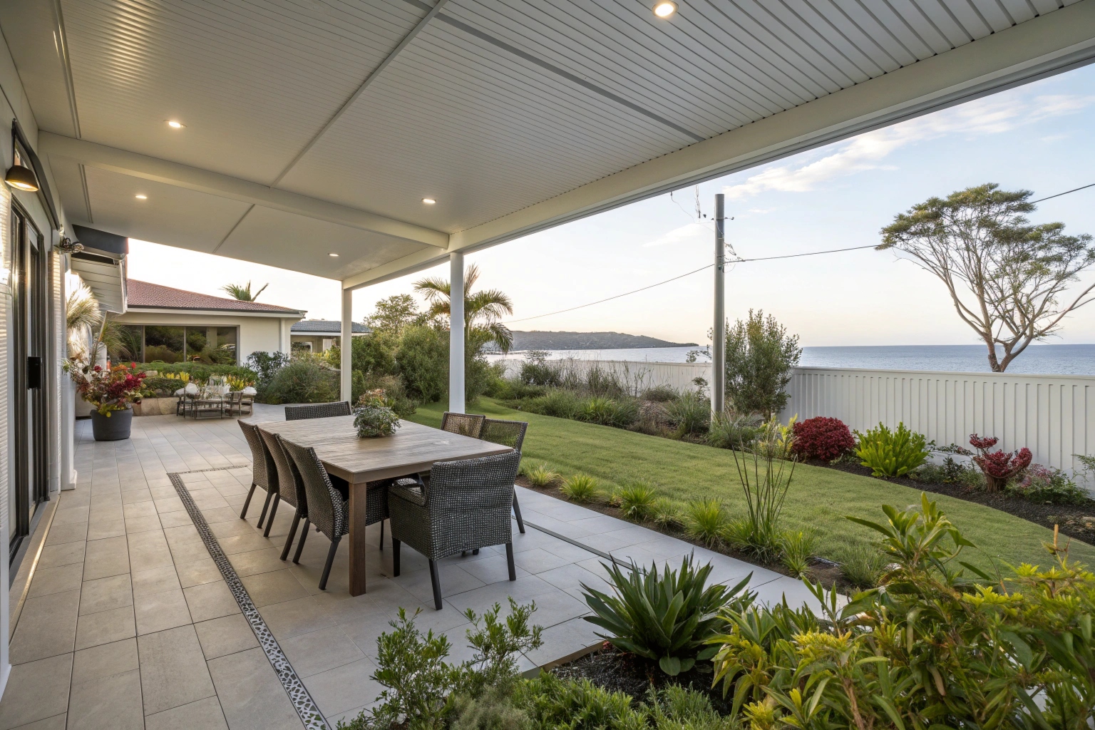 Insulated patio roofing over modern alfresco dining area on Central Coast