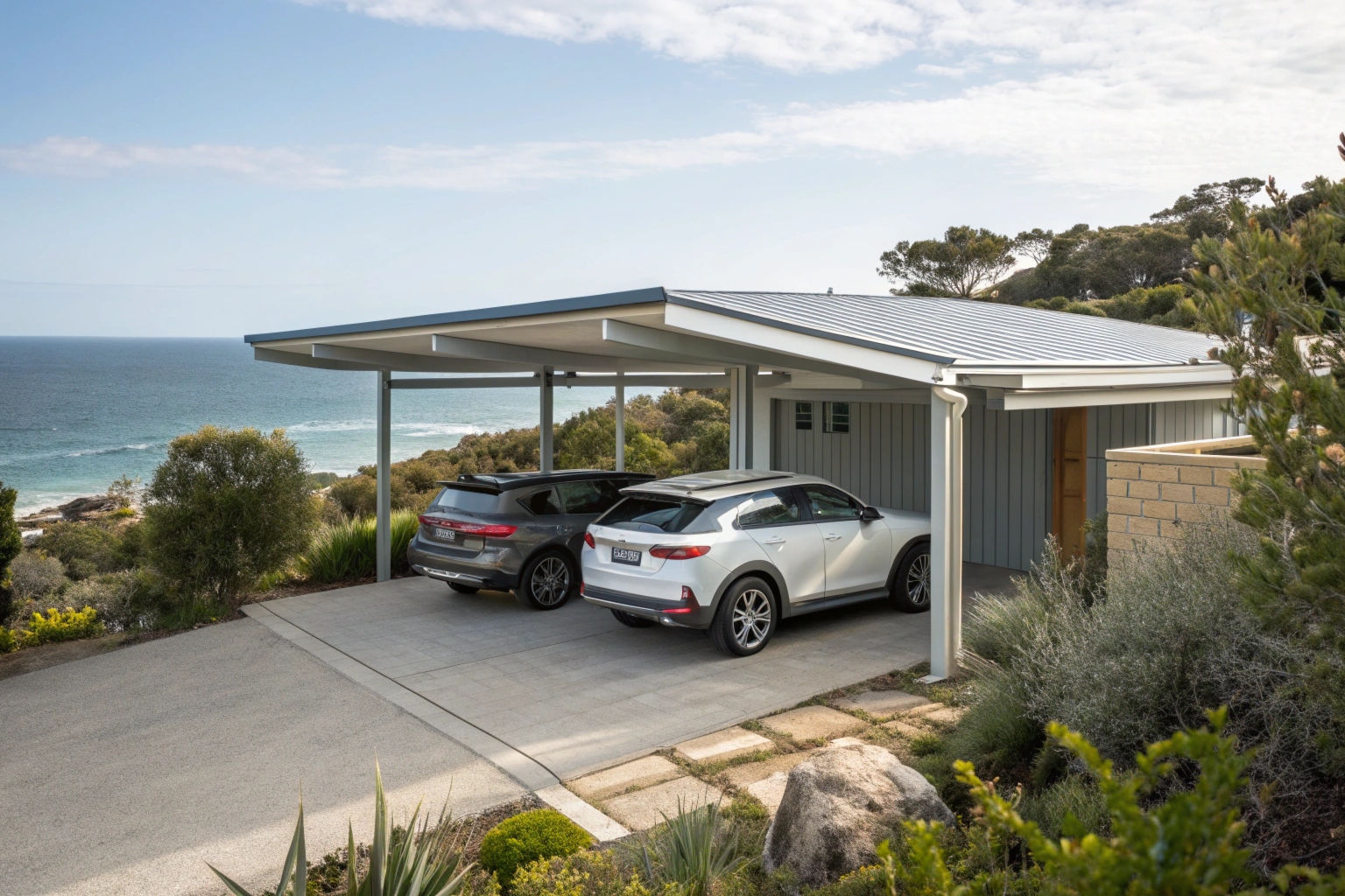 double carport extension attached to an Australian coastal home, Colorbond steel roof, clean lines, cars parked underneath
