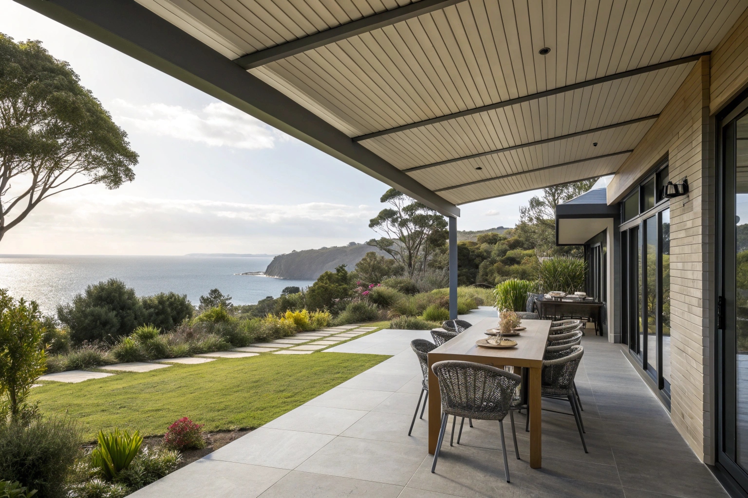 Gable roof patio built by Central Coast patio builders with outdoor dining area