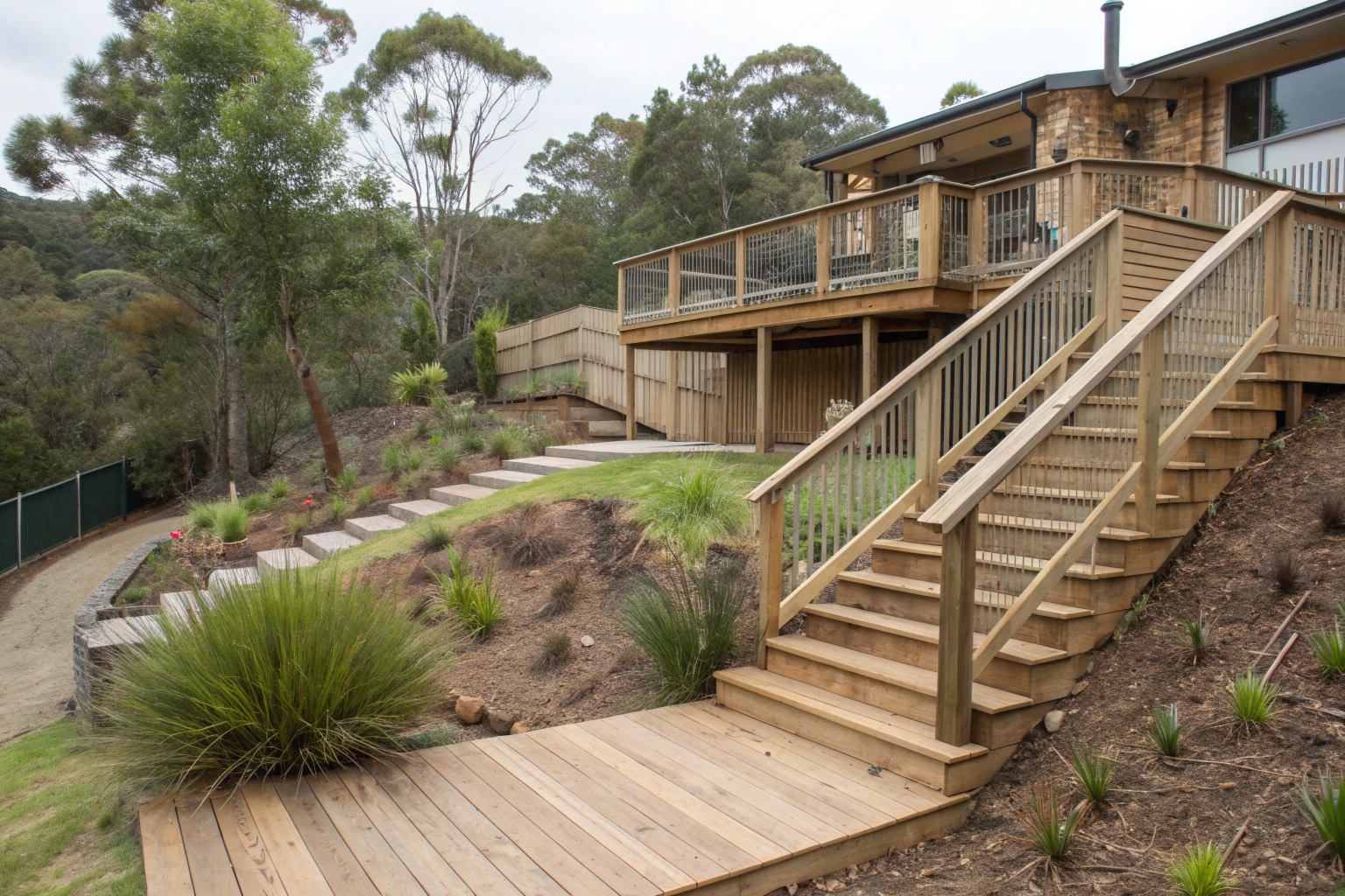 Multi-level deck extension on sloping Central Coast property