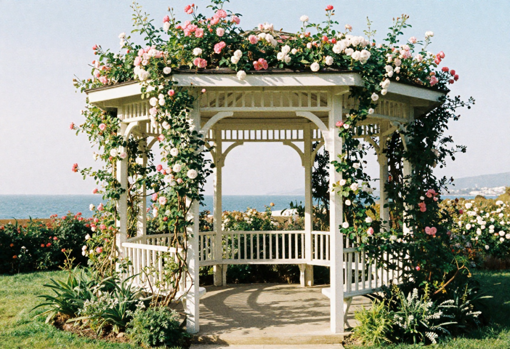 octagonal garden gazebo in an established Australian coastal garden 