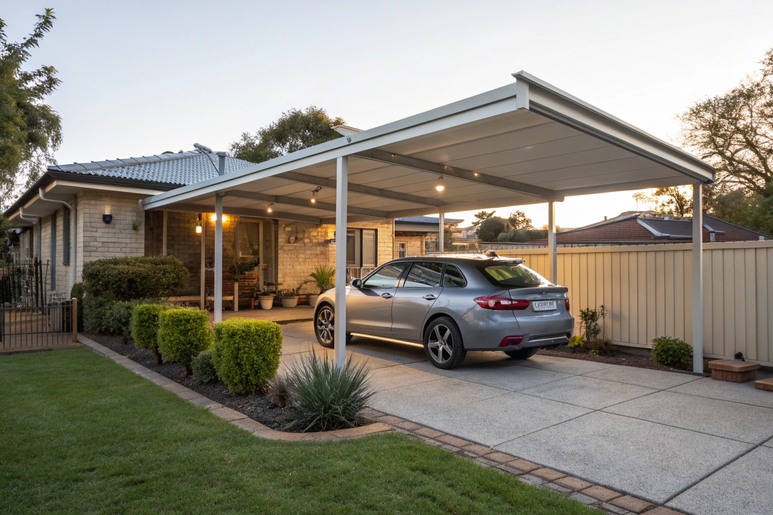 Single carport extension with skillion roof protecting a car from weather, Australian suburban home,