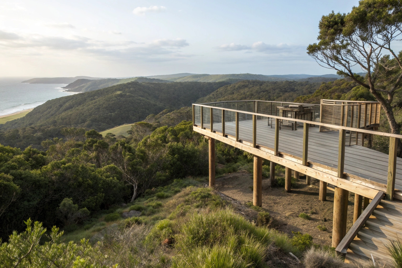 Wide angle view of a raised deck platform built on timber posts above sloping terrain, showing the elevation and structural support system, Central Coast Australian landscape