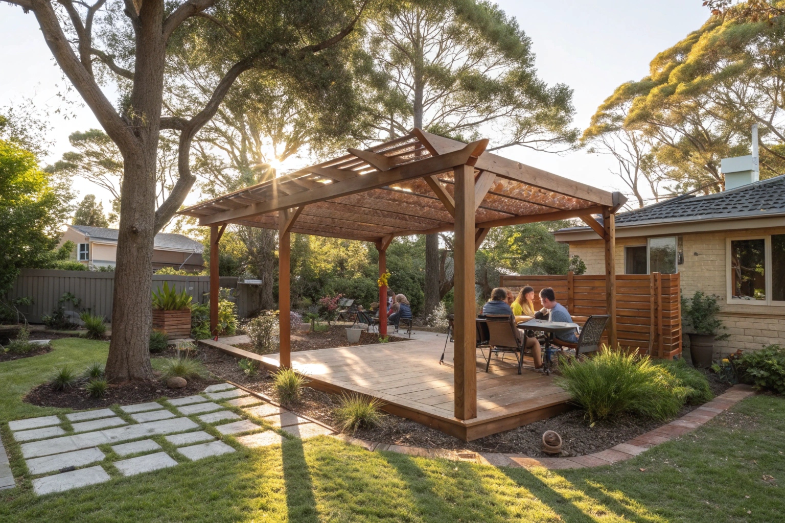 Freestanding hardwood pergola in spacious Erina backyard with established garden landscaping