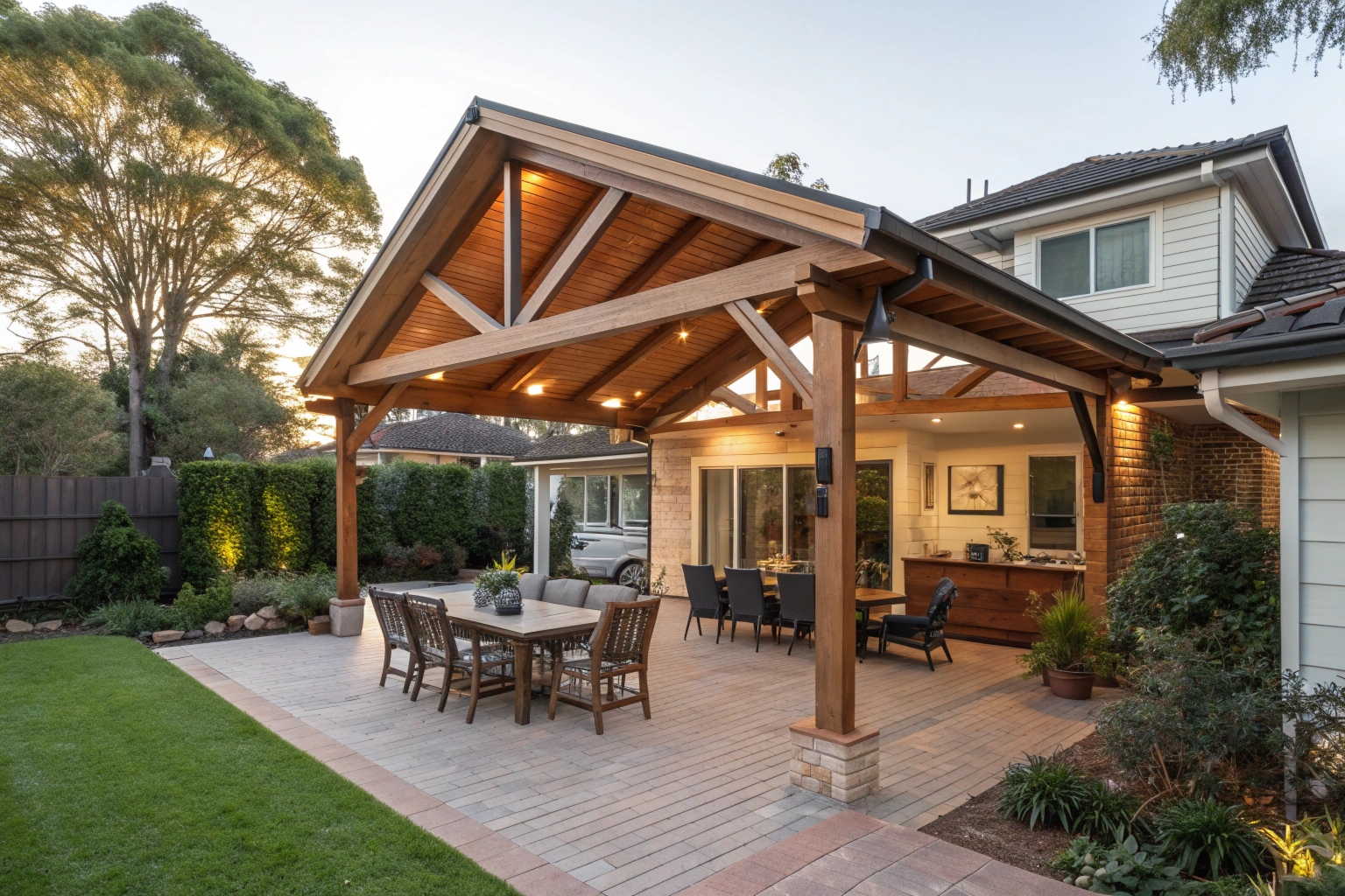 Gabled timber pergola attached to established Erina home with outdoor entertaining area and mature garden