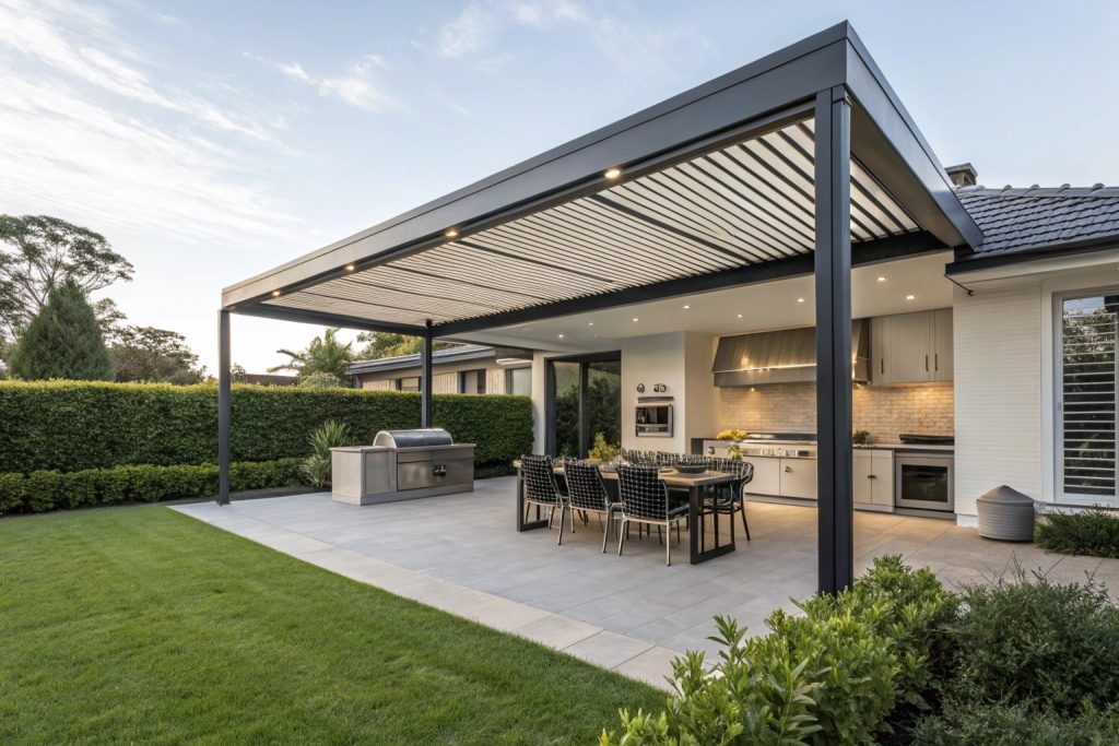Louvred roof pergola over outdoor kitchen and dining area on Central Coast residential property