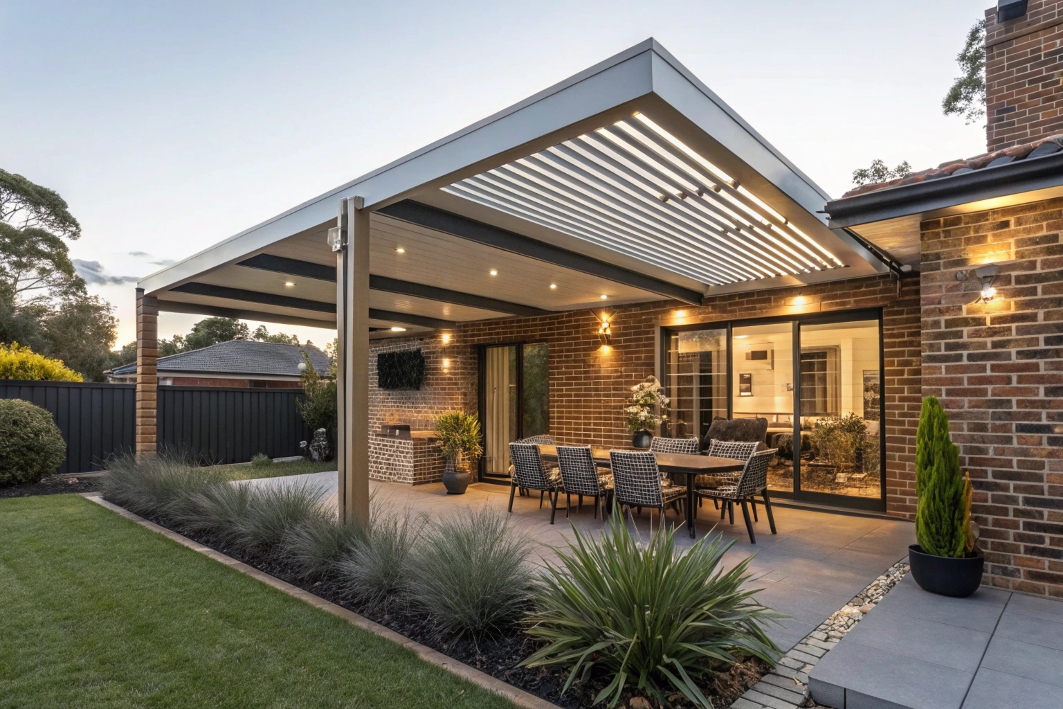 Louvred roof pergola on brick veneer family home Central Coast NSW