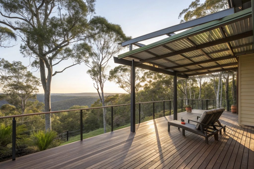 Elevated outdoor entertaining deck overlooking Central Coast bushland with pergola shade structure and lounge setting