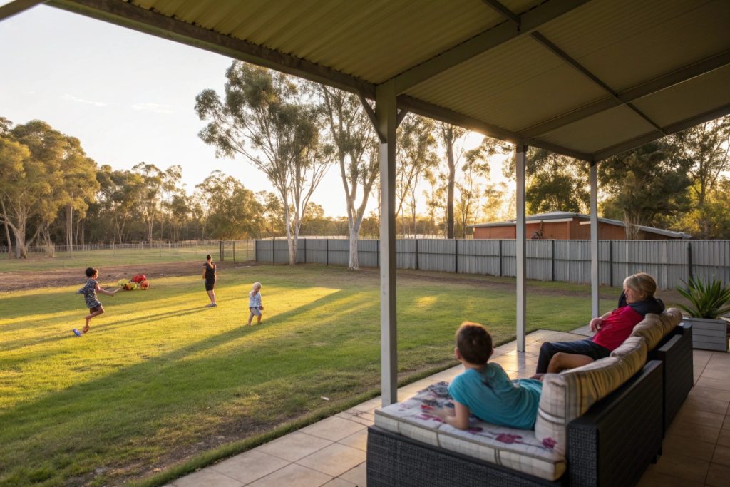 Family entertaining under pergola in large Kincumber backyard