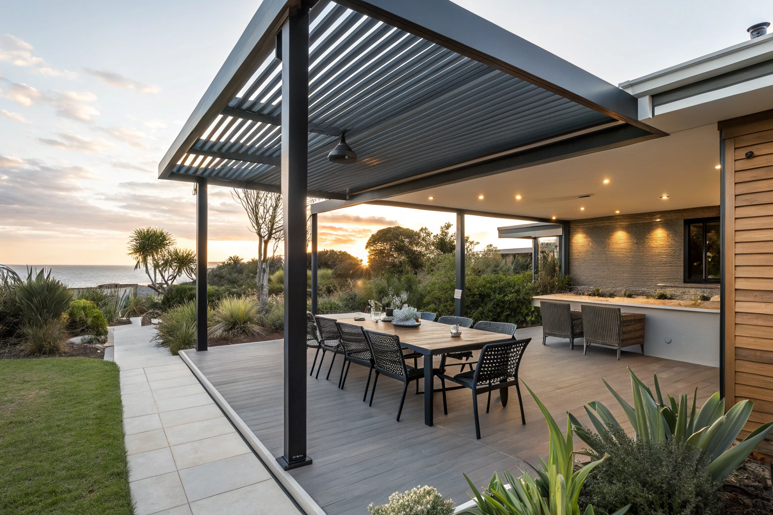 Covered outdoor entertaining area under a coastal pergola at an Avoca Beach home