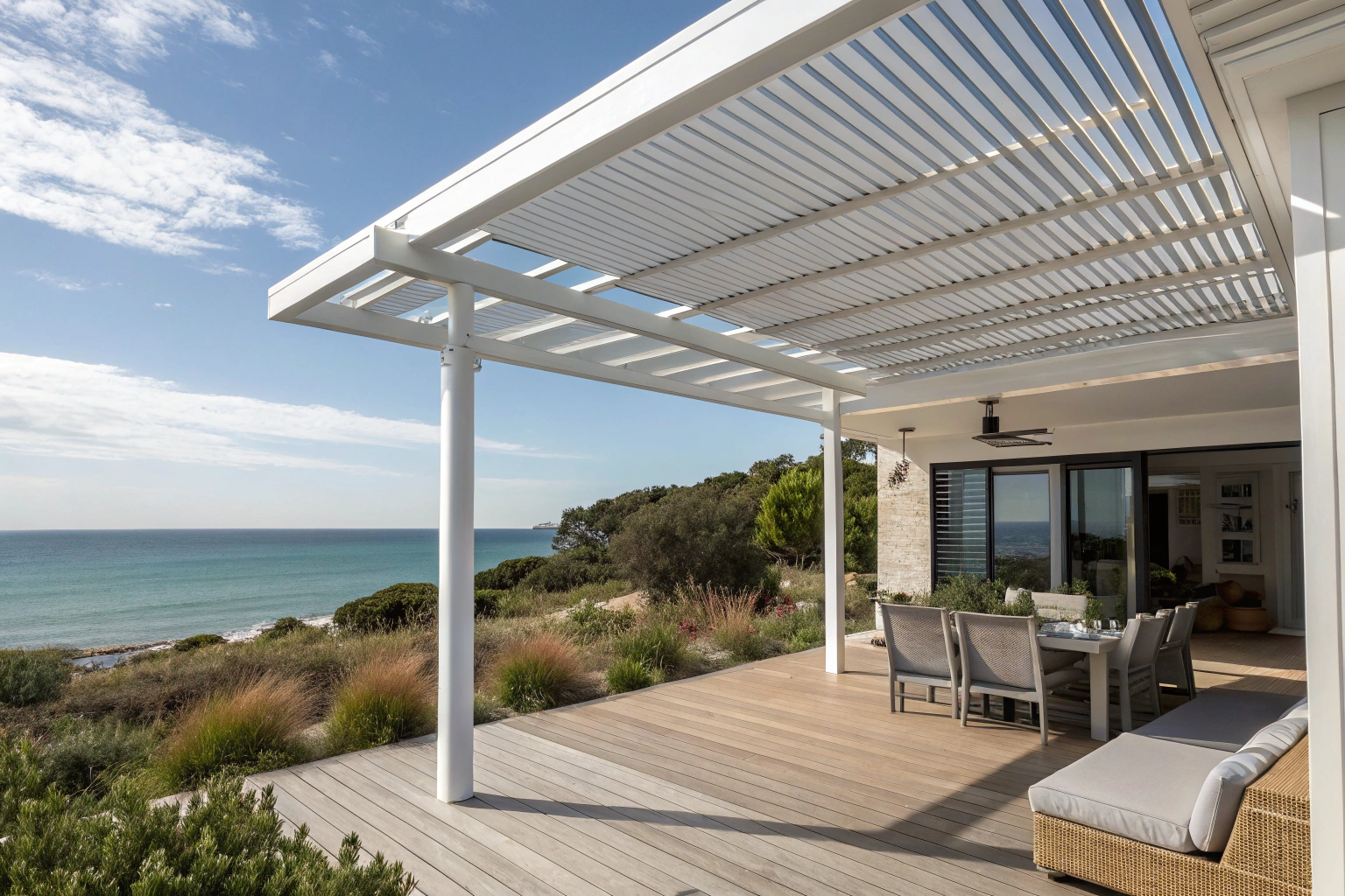 Marine-grade aluminium pergola on an Avoca Beach home with ocean views in the background