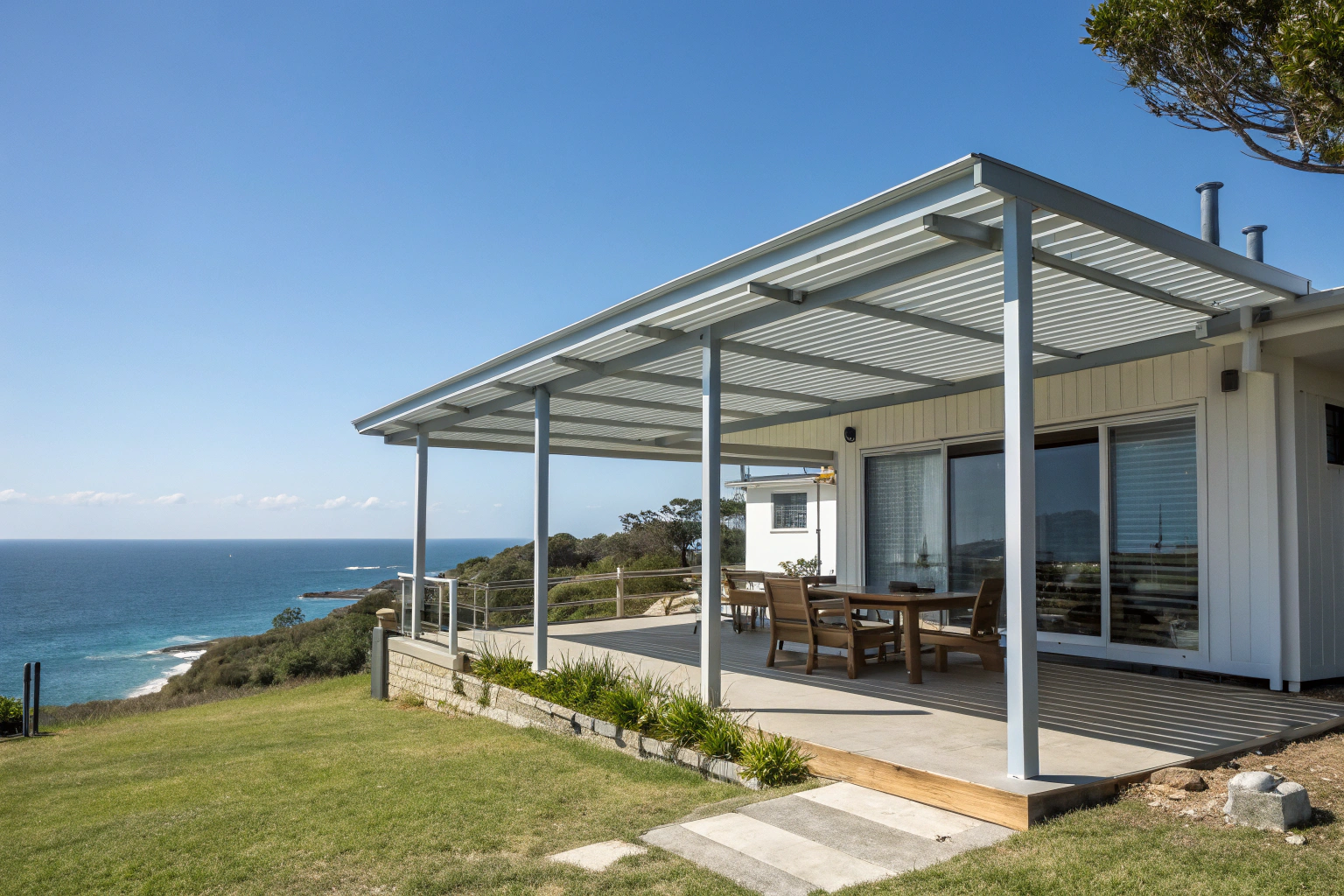 Marine grade aluminium pergola on exposed headland property in Copacabana NSW