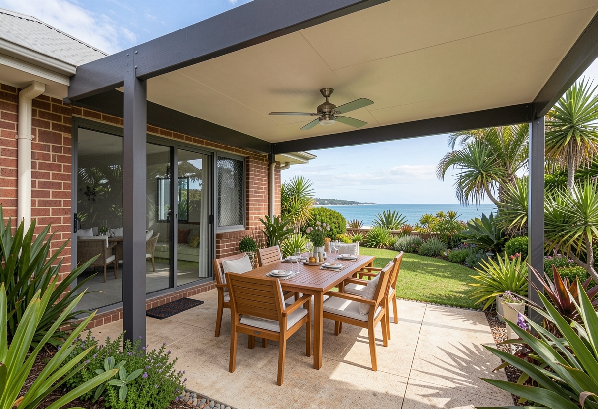modern attached flat roof pergola on the back of a brick Australian home 