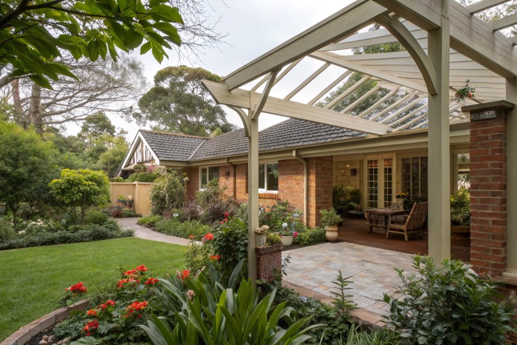Gable pergola with open timber beams in established Point Clare garden