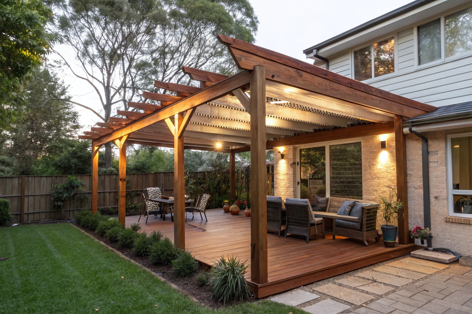 Timber pergola attached to rear of residential home in Tascott NSW with garden surroundings