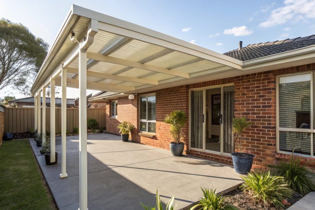 Aluminium pergola with Colorbond roof on a brick home in a Central Coast suburb