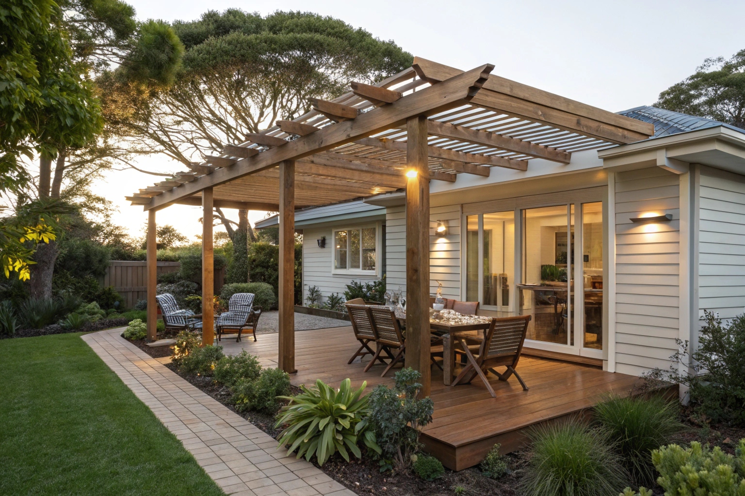 Timber pergola attached to coastal home in Point Clare with outdoor dining area